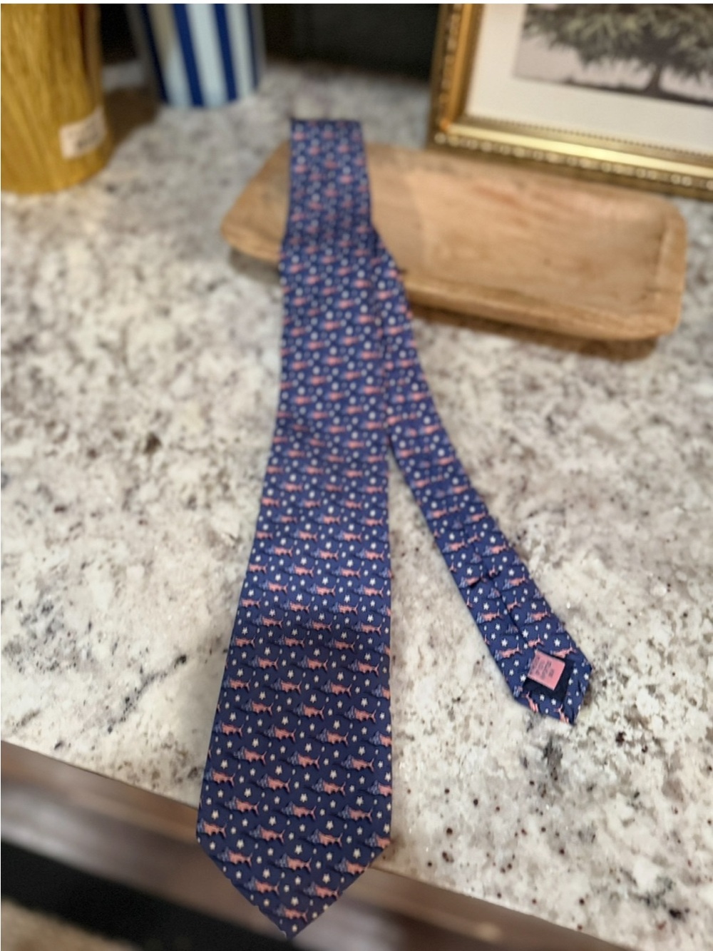 Vineyard Vines Navy Blue Tie with Pink Whale Pattern